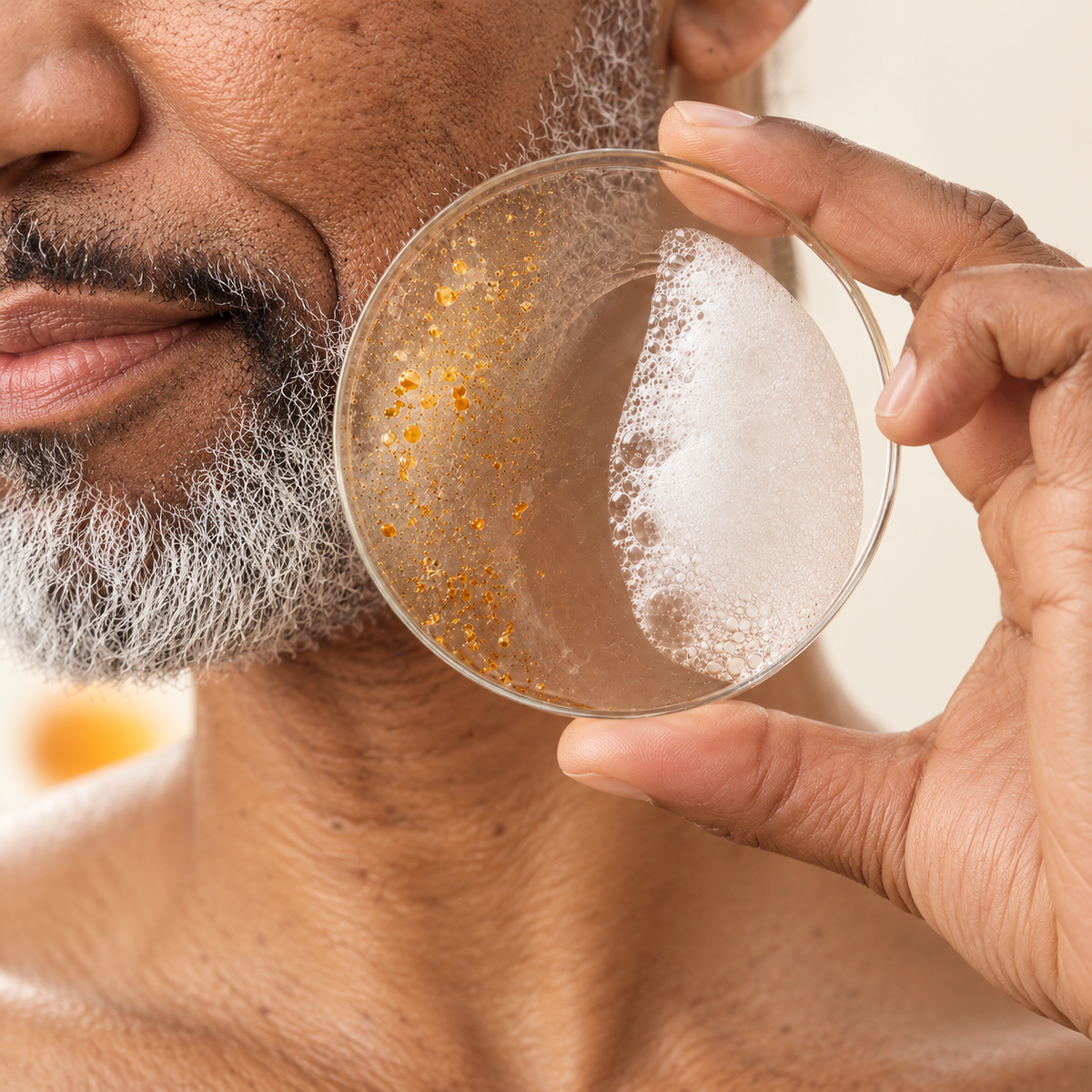 Mature man holding a glass dish with cleansing foam and amber droplets