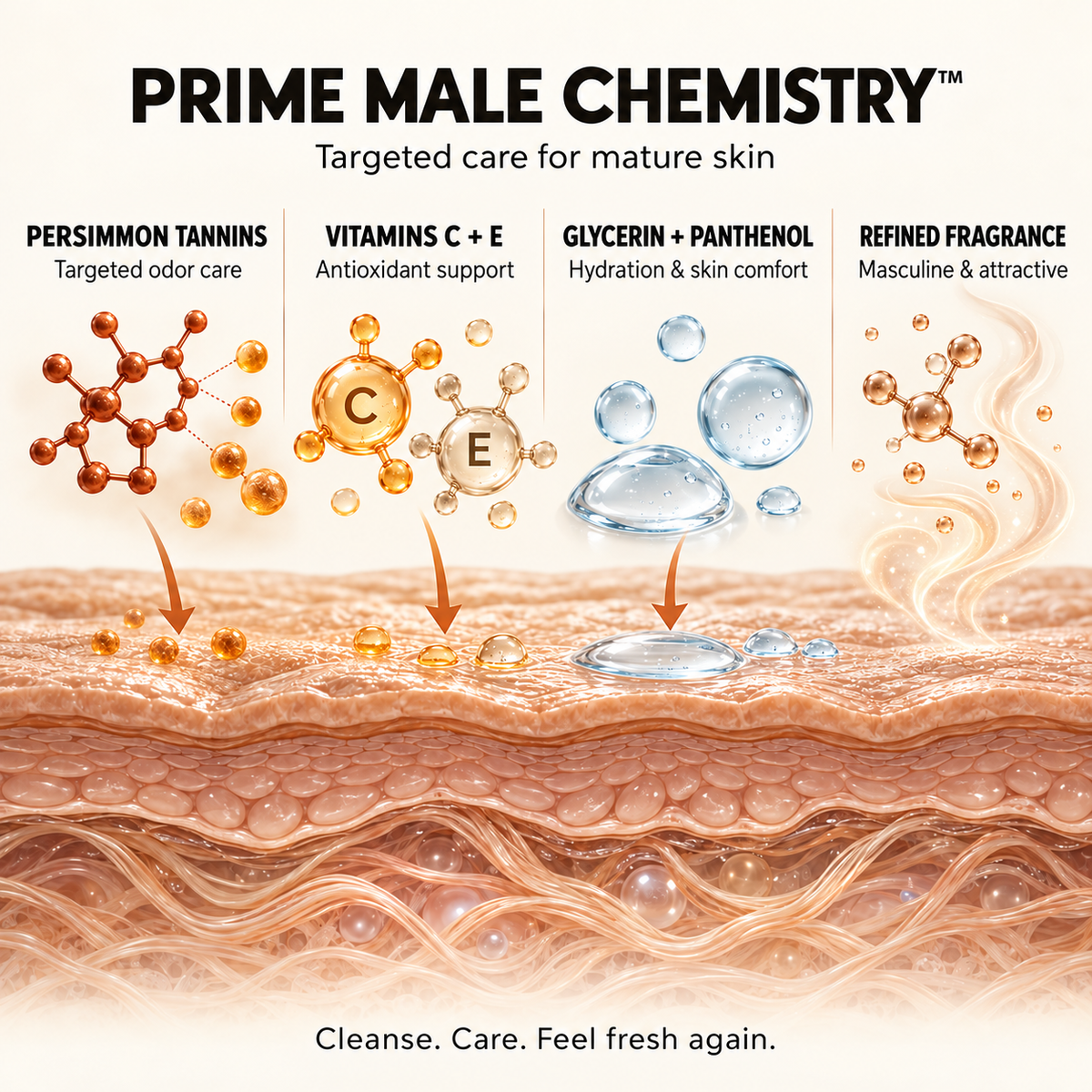 Prime Male Chemistry diagram: persimmon tannins, vitamins C and E, glycerin and panthenol, and refined masculine fragrance