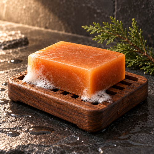 EVO Prime soap on a wet walnut soap dish